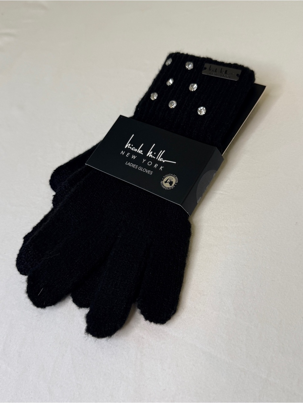 Nicole Miller Black Knit Gloves with Rhinestone Studs